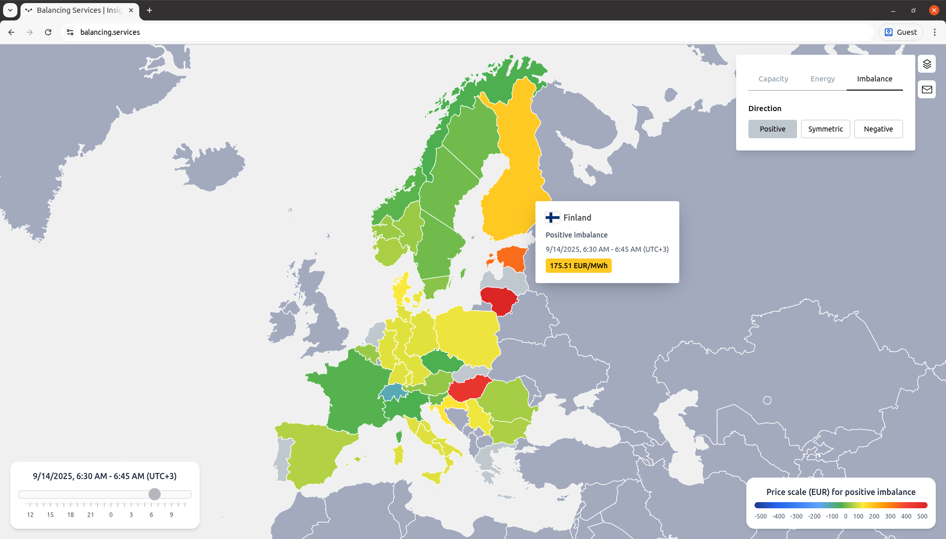 Balancing Services Data Visualization - European Map showing imbalance data with color-coded regions